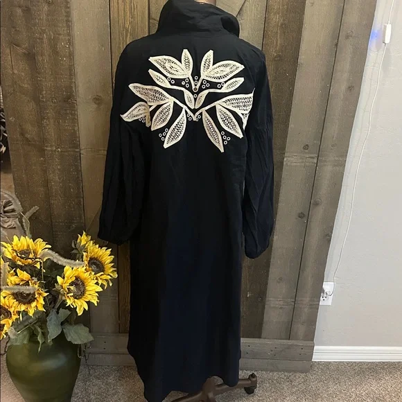 Anthro Embroidered Black Cover Up Dress Cotton Oversized Boho Beach - Picture 9 of 16